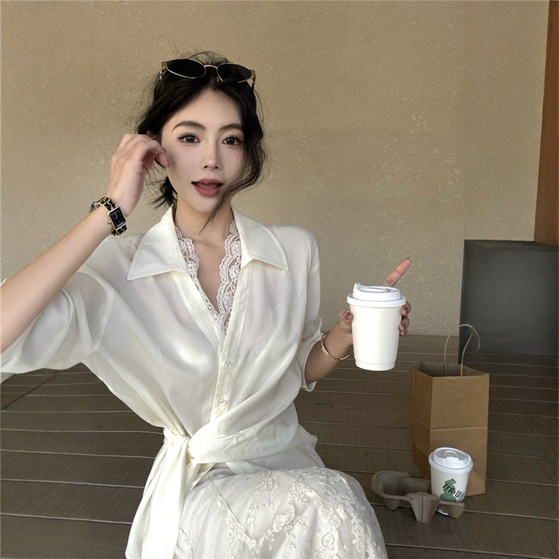 White Lace-Trimmed Long-Sleeve Shirt for Women, Early Spring, Irregular Waist Tie, Polo Shirt, Stylish Layering Top