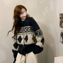 Retro lazy style jacquard stitching sweater female spring and autumn Korean version 2021 New loose long sleeve sweater coat tide