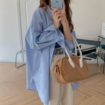 Early spring Korean ensemble chic blue shirt woman design sensation small crowdfold wearing lining jacket fashion foreign air blouses