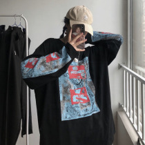 Autumn Korean version of Harajuku wind bf loose dark line retro printing Net red ins long sleeve T-shirt slim coat women tide
