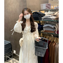 Foreign air law style one-piece dress lady spring dress palace wind V collar Long sleeves Temperament Cashies Cassera Woman Skirt Bottom Inner Lap Dresses