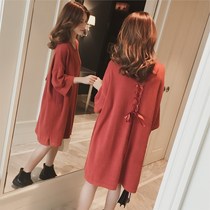 Pregnant womens autumn and winter clothes 2021 new Korean loose pregnant women sweater sweater pure cotton pregnant womens dress mid-length