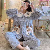 Autumn and winter thickened flannel moon clothing postpartum lactation suit coral velvet cardigan pregnant pajamas for pregnant women to wear
