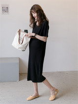 Pregnant woman Liondress Summer 2022 new Korean version Fashion easing minimalist ice silk round collar pregnant woman summer long dress