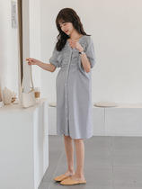 Design sense ~ temperament V collar Lantern Sleeves Shirt Dress Pregnancy Woman Dress Summer Dress Cotton Tidal striped dress Dress Laced Skirt