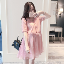 Maternity summer 2020 new V-neck chiffon maternity dress medium-long Korean fashion short-sleeved top