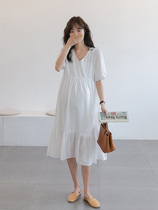 Pregnancy Woman Dress Summer Dress Korean Version Fashion style V collar white pregnant woman Liandress medium long net red pure color over knee long dress
