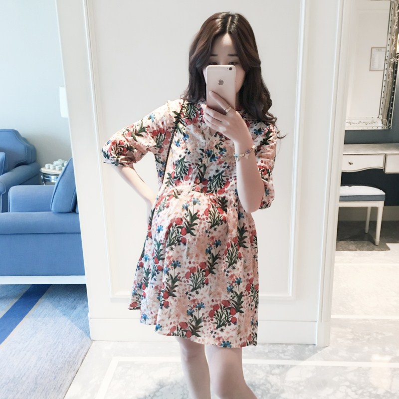 Maternity dress spring and summer 2021 new Korean version of the mid-length five-quarter-sleeve printed shirt skirt cotton and linen maternity dress