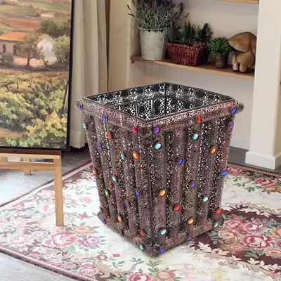 American retro creative beaded wrought iron trash can waste paper basket Chinese household living room lidless office storage bucket