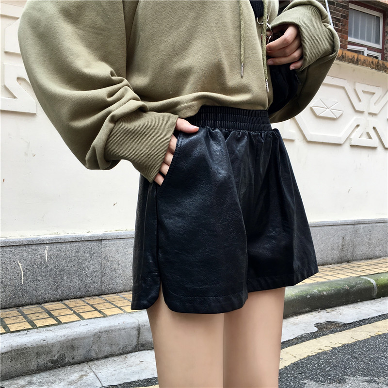 Quần short da nữ 2018 mới thu đông hoang dã mặc eo cao cá tính một từ quần ống rộng ống rộng quần da PU shop quần áo nữ