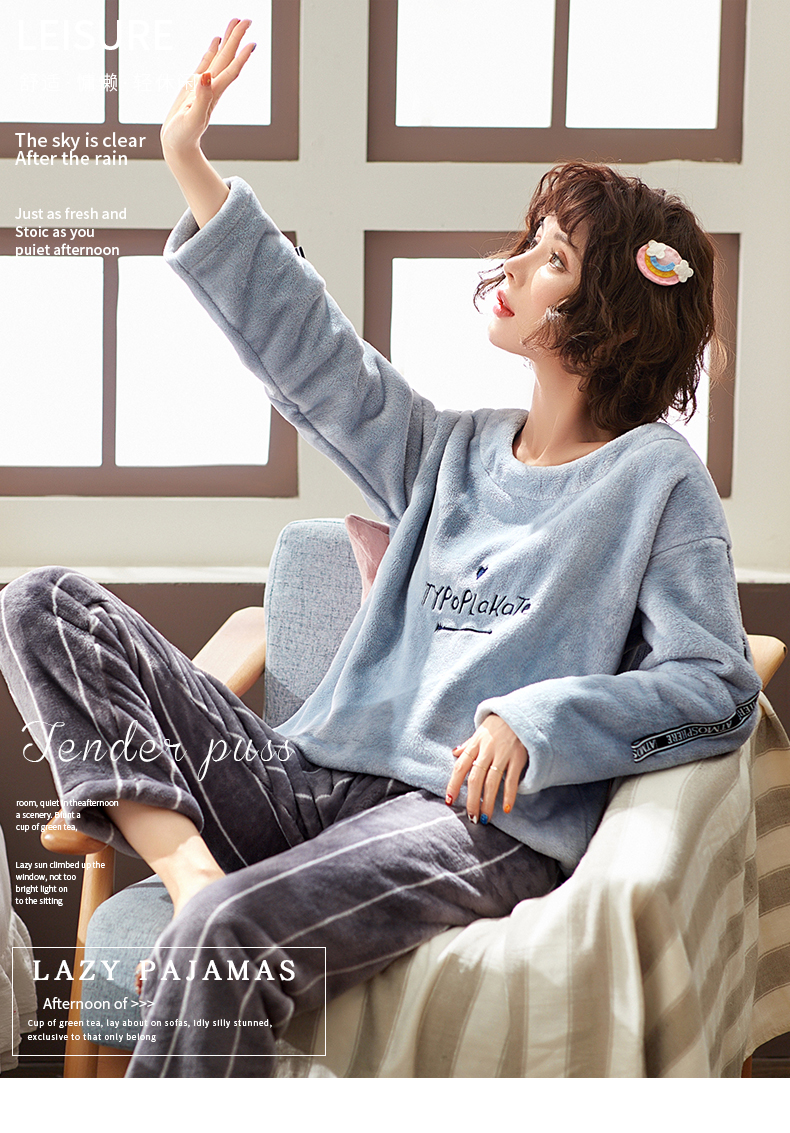 Flannel đồ ngủ nữ mùa đông dày cộng với nhung nhung san hô nhung phụ nữ mùa thu và mùa đông mô hình kích thước lớn mùa đông và mùa thu nhà dịch vụ phù hợp - Giống cái bộ đồ dài tay nữ