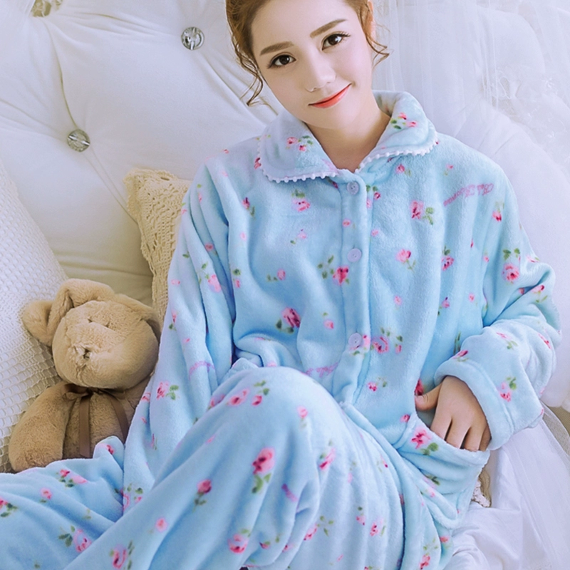 Bộ đồ ngủ flannel dễ thương và ngọt ngào phụ nữ mùa đông dày san hô lông cừu dài tay phù hợp với mùa thu ấm áp của phụ nữ ở nhà - Bộ Pajama