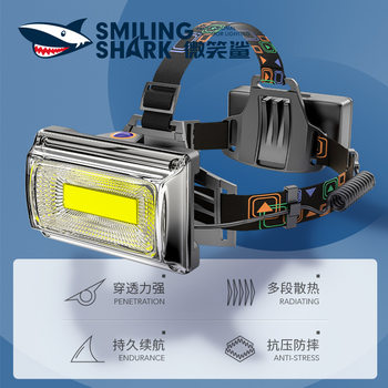 Smiling Shark Large Floodlight Rechargeable Headlamp for Construction Site Maintenance Work, Head-Mounted Light with Three Light Sources (White, Red, Green) for Beekeeping