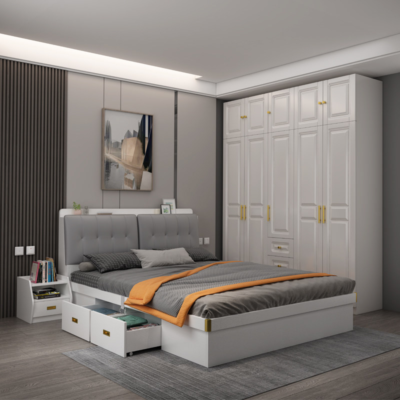 High box storage bed modern minimalist master bedroom white 1 8 m single double oak 1 5m Chinese style 1 2 storage wedding bed-Taobao