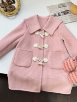 Korean style childrens clothing for girls pink houndstooth coat winter style medium-length horn button lapel coat for older girls.