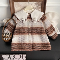 Girls quilted coat 2023 Korean version new childrens small fragrance woolen single-breasted lapel plus cotton woolen coat
