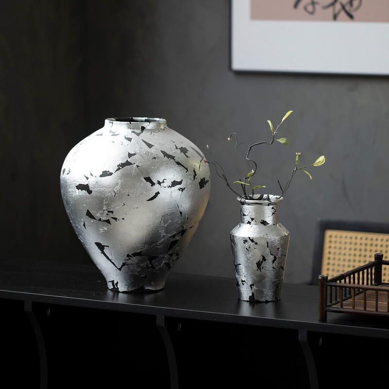 Wabi-Sabi Style Handmade Distressed Ceramic Vase, Vintage Metal Glaze Flower Arrangement Vessel, High-End Decor for Hotels and Guesthouses