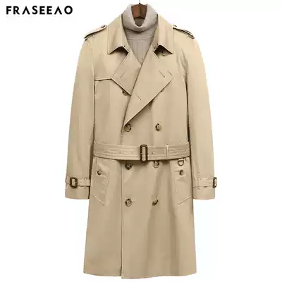 Faxio long version windbreaker men's spring and autumn lapel British style casual trend handsome over-the-knee double-breasted windproof jacket