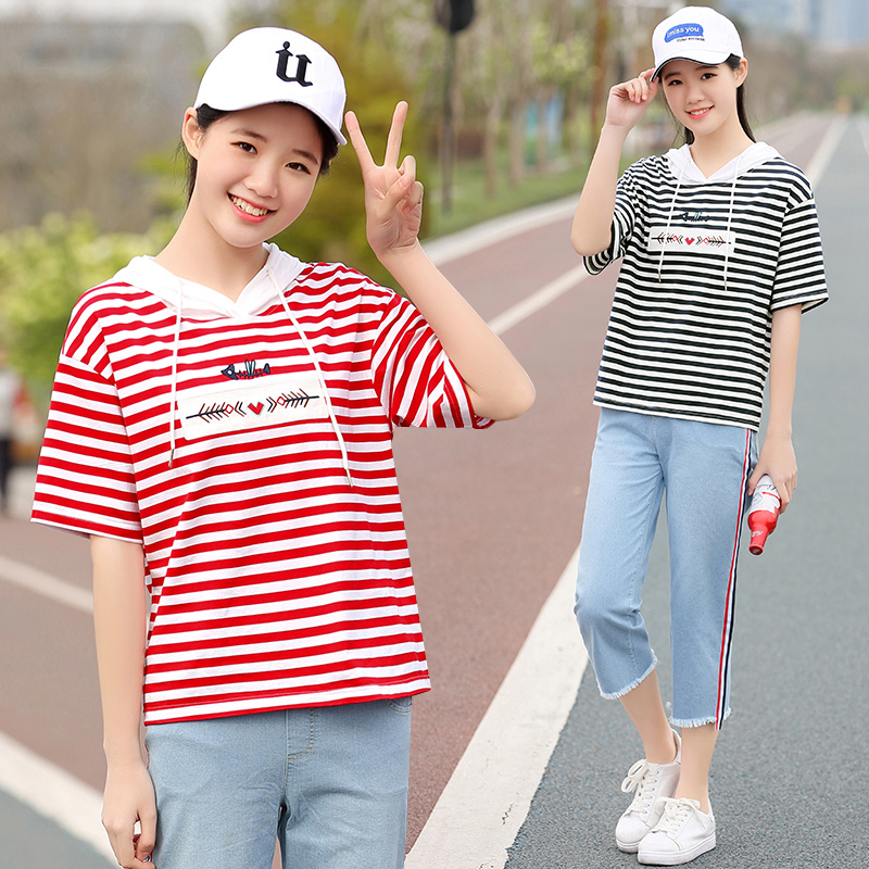 Girls summer clothes high and junior high school students summer suits 2021 new small fresh striped short-sleeved T-shirt female ins tide