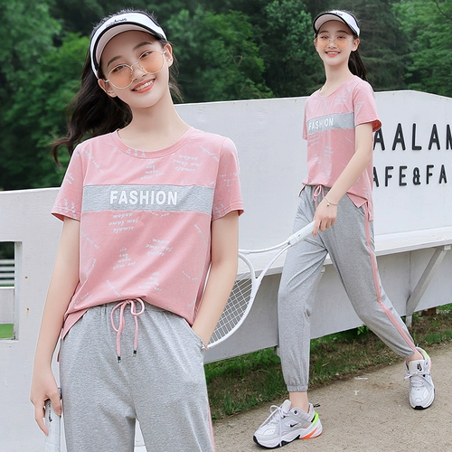Спортивный костюм для школьников, летняя одежда, хлопковый комплект для отдыха, для средней школы