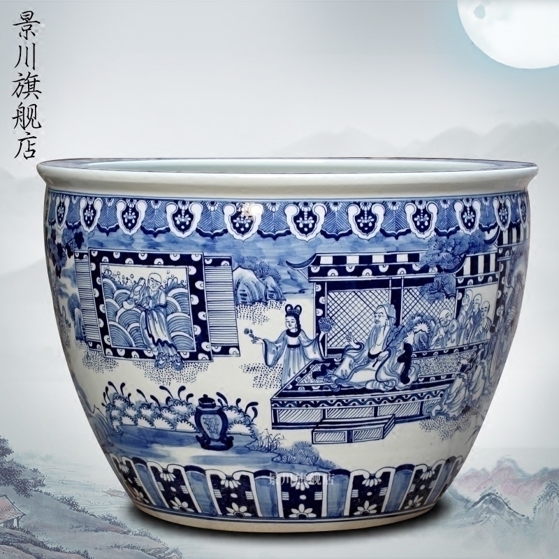 Hand - drawn characters archaize big fish tank of blue and white porcelain jingdezhen chinaware lotus sleep bowl lotus tortoise calligraphy and painting cylinder