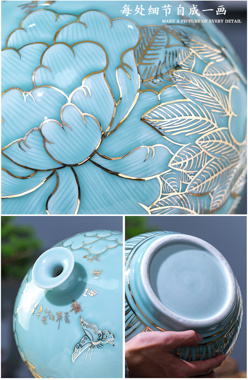 Jingdezhen porcelain vases carved blue glaze hand - made paint home sitting room of new Chinese style flower adornment furnishing articles