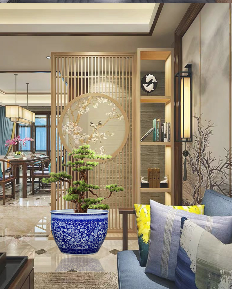 Jingdezhen blue and white porcelain painting flower ceramic aquarium fish tank sitting room lobby the tortoise water lily cylinder furnishing articles