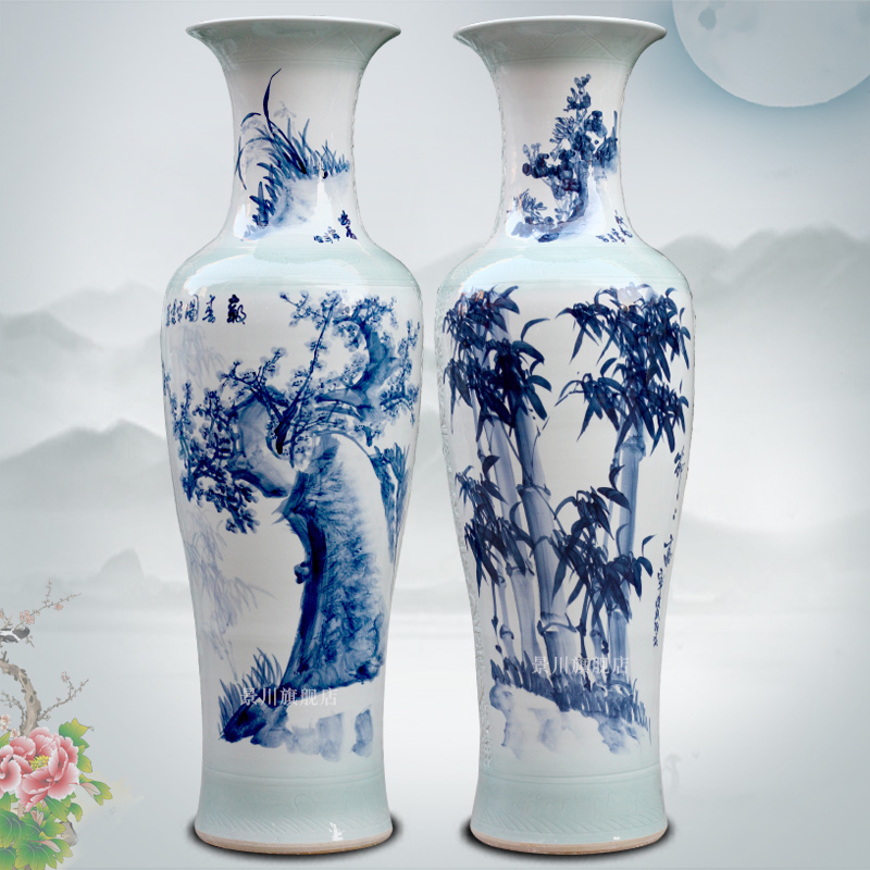 Hand - made harbinger figure carving shadow green name plum bamboo celadon of large vases, jingdezhen ceramic sitting room furnishing articles