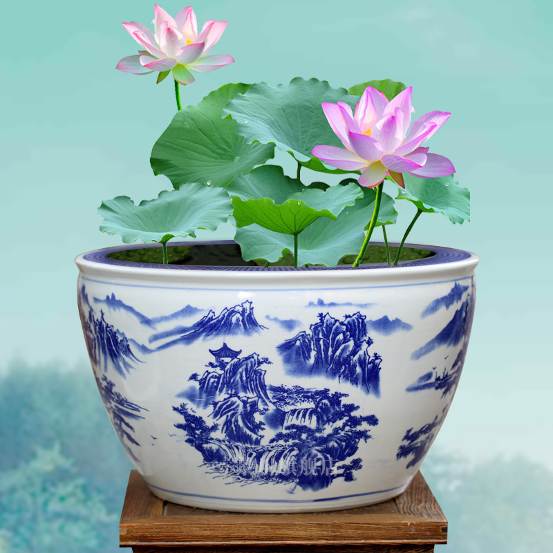 Blue and white porcelain of jingdezhen ceramics tortoise cylinder lotus potted landscape painting a goldfish bowl sitting room place basin study