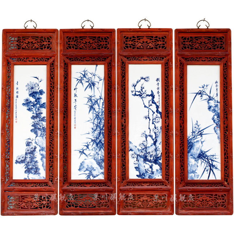Jingdezhen blue and white porcelain is hand made porcelain plate painting ceramic is hanged to draw four screen sitting room household act the role ofing is tasted furnishing articles