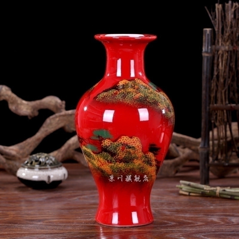 Jingdezhen ceramics China red landscape dried flowers flower arrangement floret bottle of modern Chinese style living room small ornament adornment