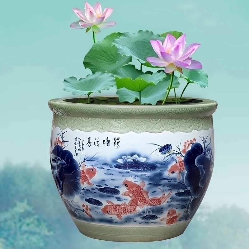 Hand made lotus goldfish bowl of jingdezhen ceramic turtle cylinder courtyard sitting room hotel lobby floor big furnishing articles