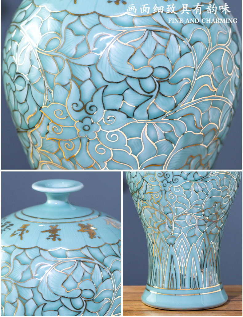 Jingdezhen porcelain vases carved blue glaze hand - made paint home sitting room of new Chinese style flower adornment furnishing articles