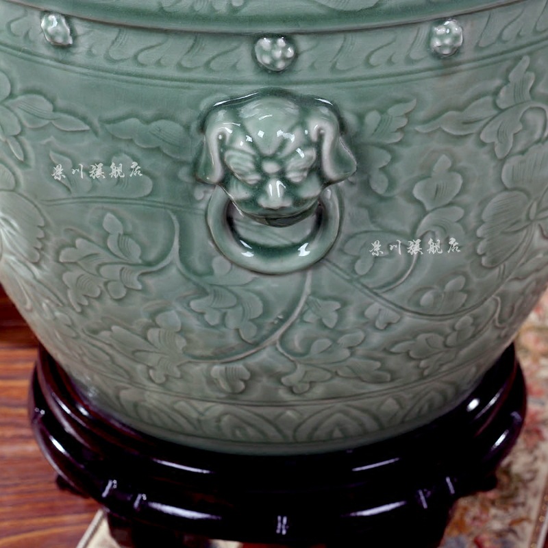 Jingdezhen ceramics shadow carving green brocade carp goldfish bowl lotus cylinder branch LianHe flower tortoise cylinder aquarium