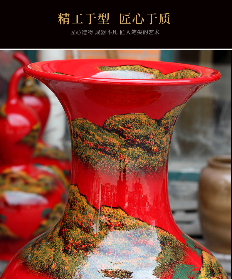 China jingdezhen ceramics high temperature red large vase hand - made landscape painting gourd porcelain decorative furnishing articles