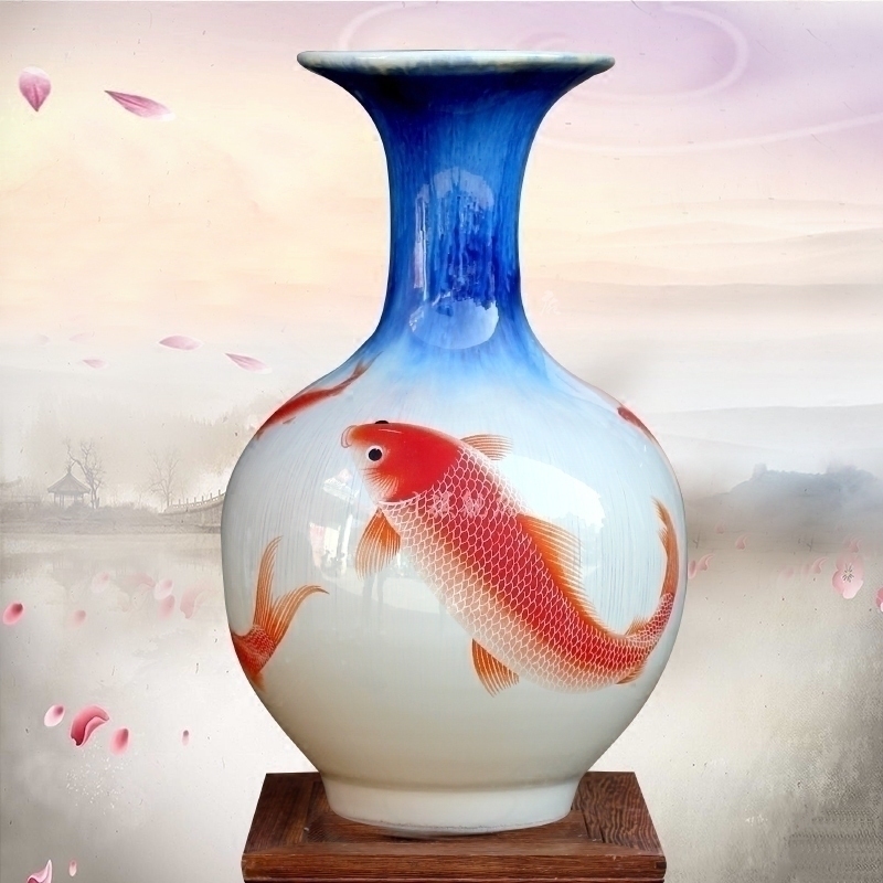 Jingdezhen ceramics up red carp floret bottle of home sitting room desk mesa office furnishing articles of handicraft