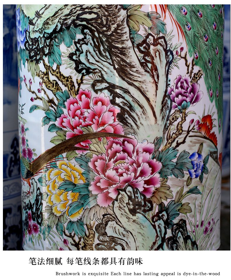 Hand - made peacock peony figure quiver jingdezhen ceramic famille rose porcelain vase of large stores decoration shop furnishing articles