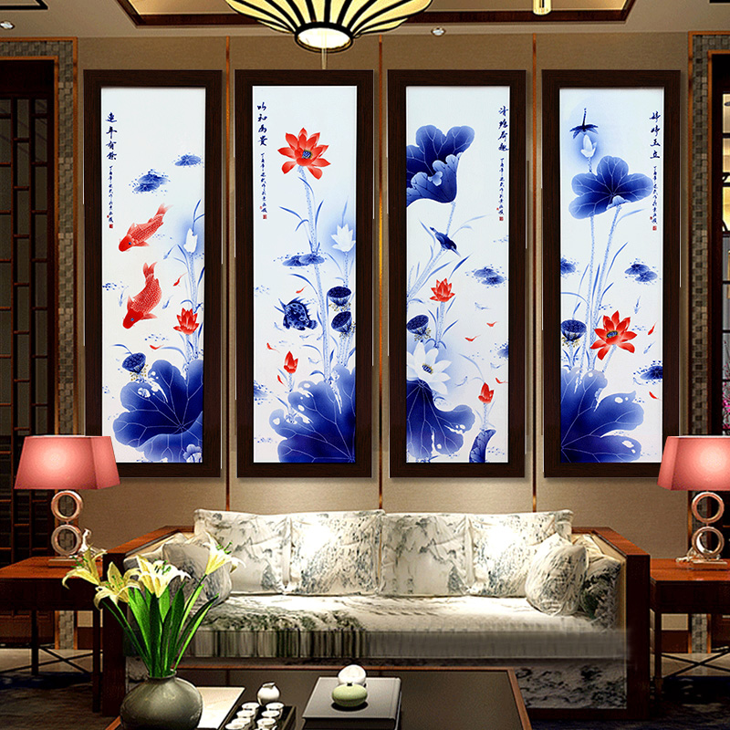 Hang a picture to jingdezhen blue and white porcelain is hand made lotus sitting room adornment background sofa four fish screen painting ceramic plate