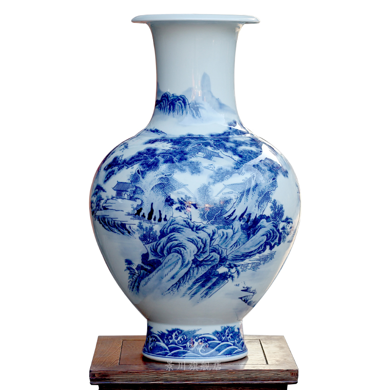 Jingdezhen blue and white landscape hand - made ceramics of large vases, archaize sitting room adornment large porcelain furnishing articles