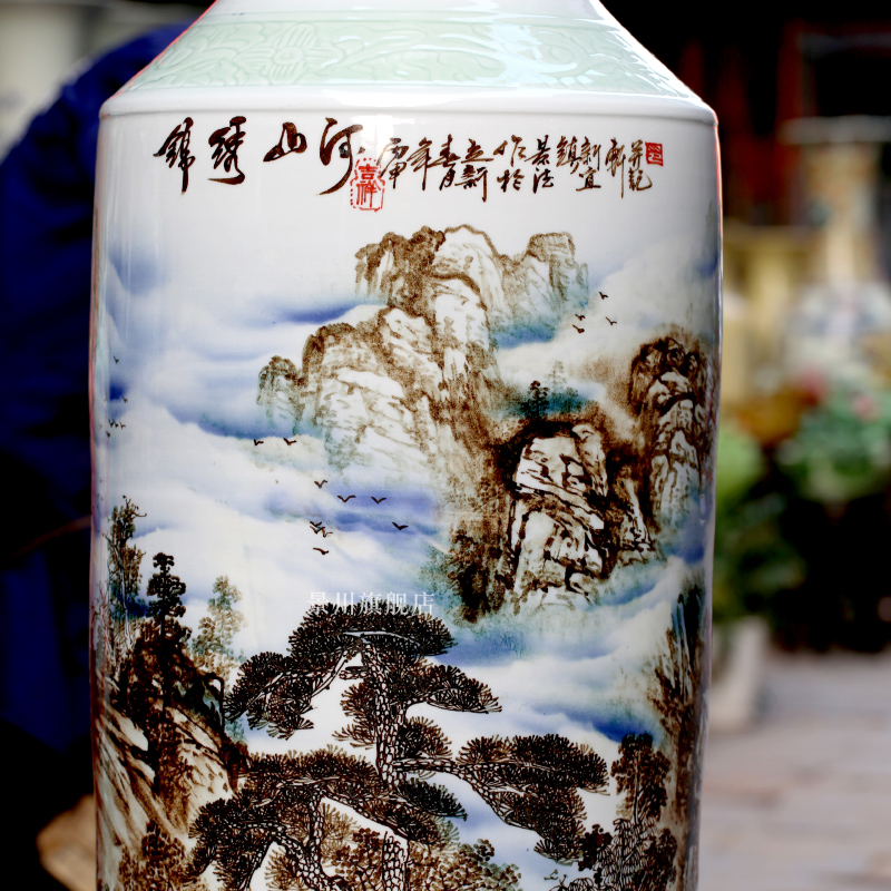 Hand - made JingXiu was jingdezhen ceramic floor big vase landscape painting porcelain hotel living room big furnishing articles