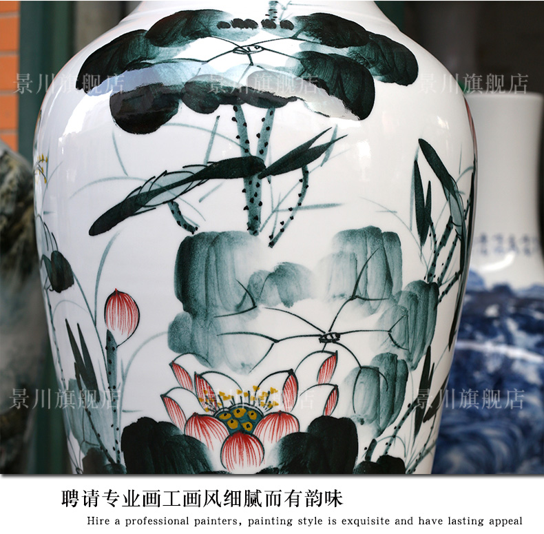 Hand - made ink color blue and red lotus lotus fish landing big vase jingdezhen ceramic household sitting room adornment furnishing articles