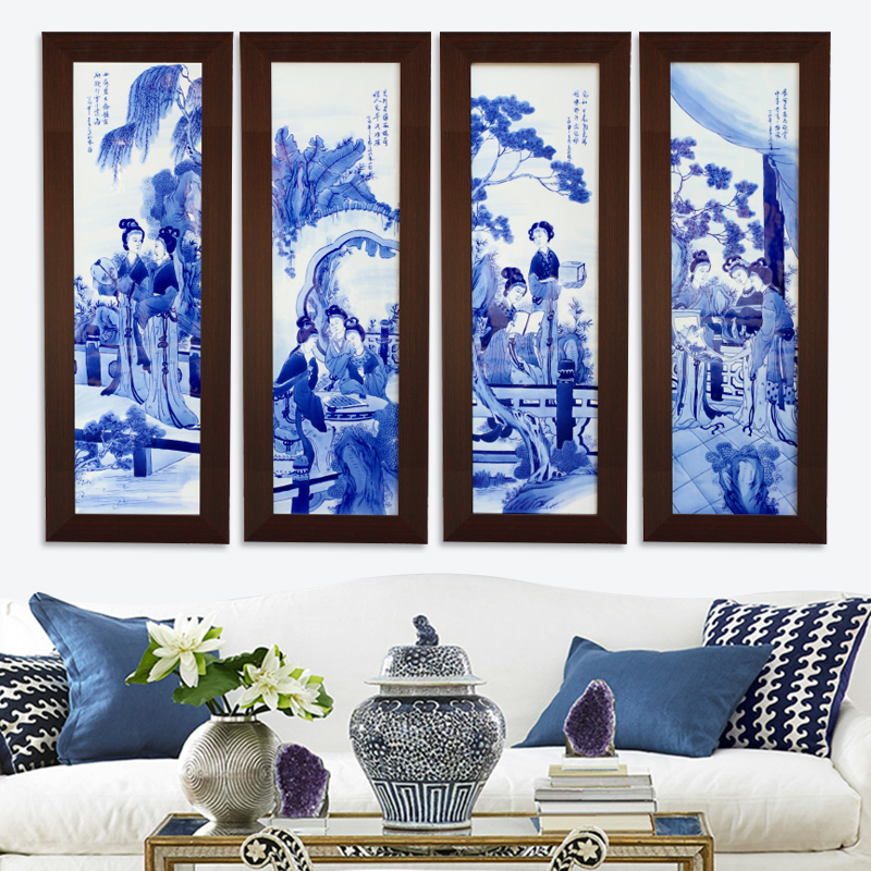 Jingdezhen blue and white porcelain plate painting unique American four screen home sitting room adornment study background wall hang a picture