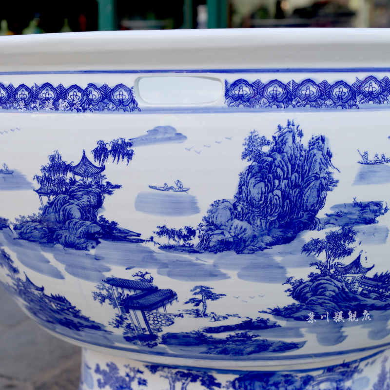 Blue and white porcelain of jingdezhen ceramics porcelain landscape painting with a foot basin tortoise cylinder aquarium fish tank water lily