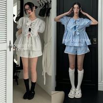 Refundable less in stock Korean sweet vertical striped bow lantern short-sleeved high-waisted skirt shirt
