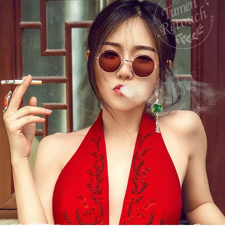 Red Sun Glasses Round Frame Decoration Chain Hanging Neck Women Retro Stars Han Edition Men's Summer Trend Polarized Sunglasses