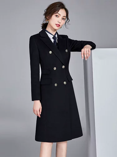 Длинное демисезонное черное шерстяное пальто для работы, средней длины, увеличенная толщина