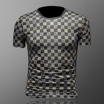 Ice silk plaid print short sleeve T-shirt mens summer youth big size fat man top tide card casual European and American round neck t