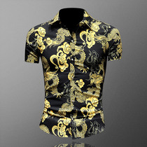 Chinese style printed shirt mens fat plus size Dragon short sleeve shirt youth summer thin shirt inch shirt
