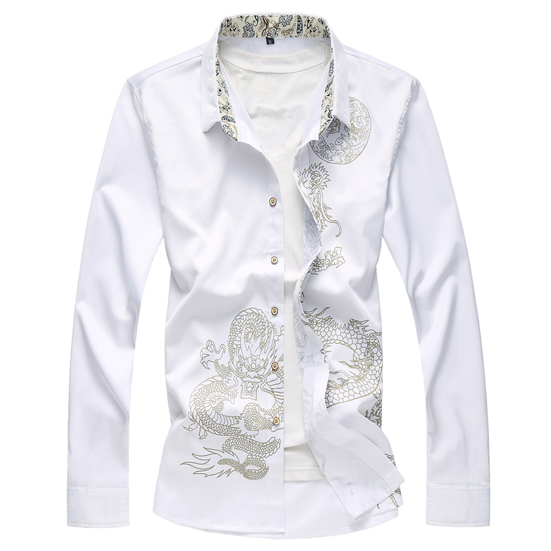 China Wind Men's Clothing Hot Golden Dragon Tattoo Pattern Printed Spring Autumn Casual Shirt Plus Mast Code Long Sleeve Lining Clothes-Taobao