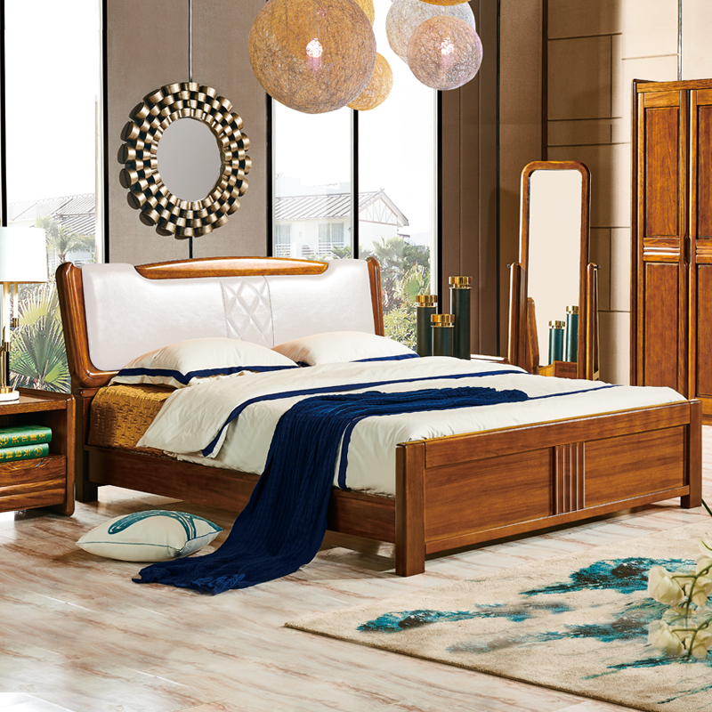 Full solid wood bed 1 5m1 8 m walnuts wood bed High case storage Chinese bedroom furniture double man bed wedding bed soft-leaning